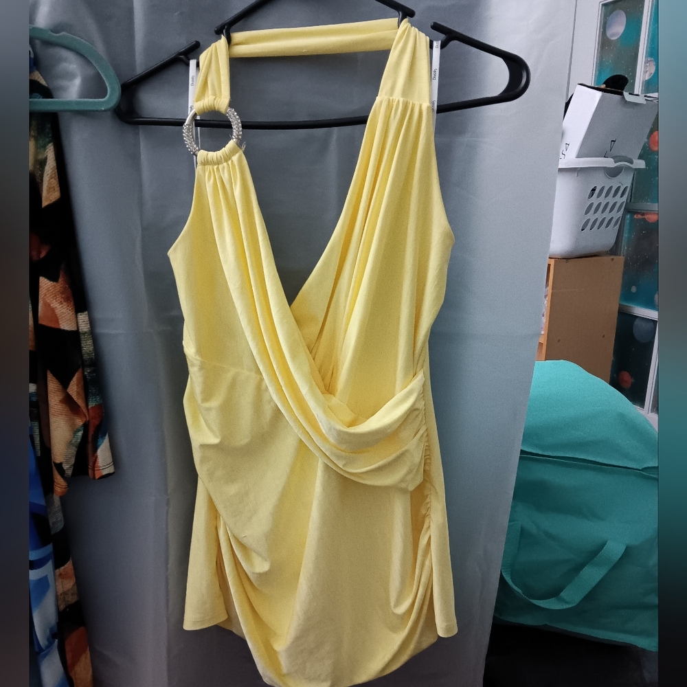 Elegant Yellow Halter with Rhinestone Detail